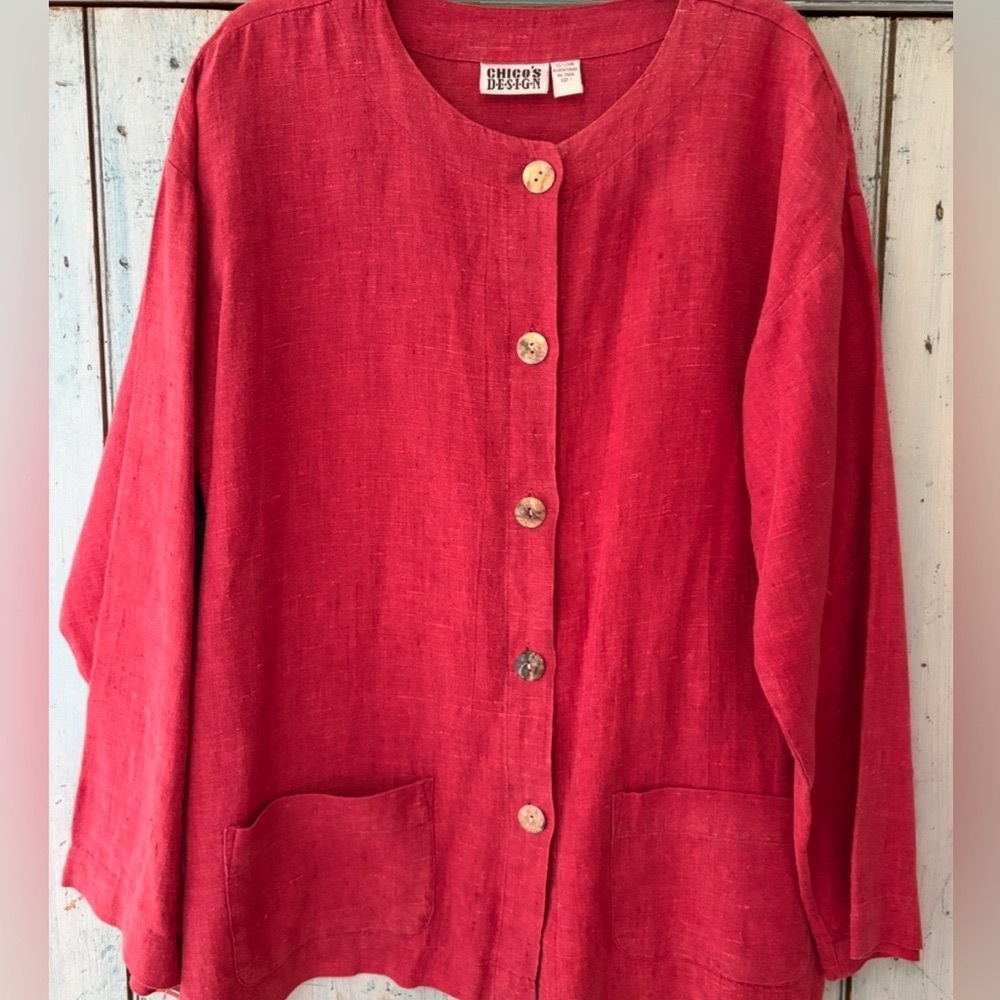 Dark Cherry Red 100% Linen Jacket with 2 patch pockets on front